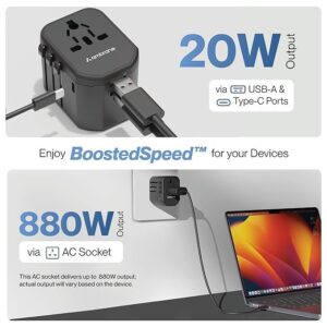 Ambrane Universal Travel Adapter, 4 in 1 Fast Charging; 1 Type C (20W), 2 USB (20W) & 1 AC Socket (880W) with 3 Removable pins for EU, UK and USA/AUS and Other Countries for Modern Travel (ATA-01)